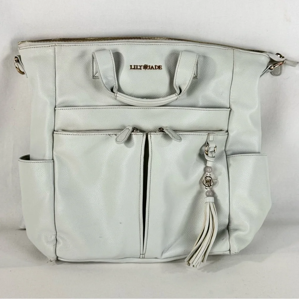 Lily Jade Caroline Convertible Vegan Leather Tote Diaper Bag Stone & Gold